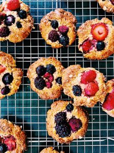 Golden biscuits with a mix of strawberries, blueberries and raspberries baked into them.